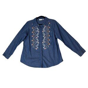 Joan Rivers Medium Blue Denim Embroidered Button Top Floral Boho Cottage Fairy‎